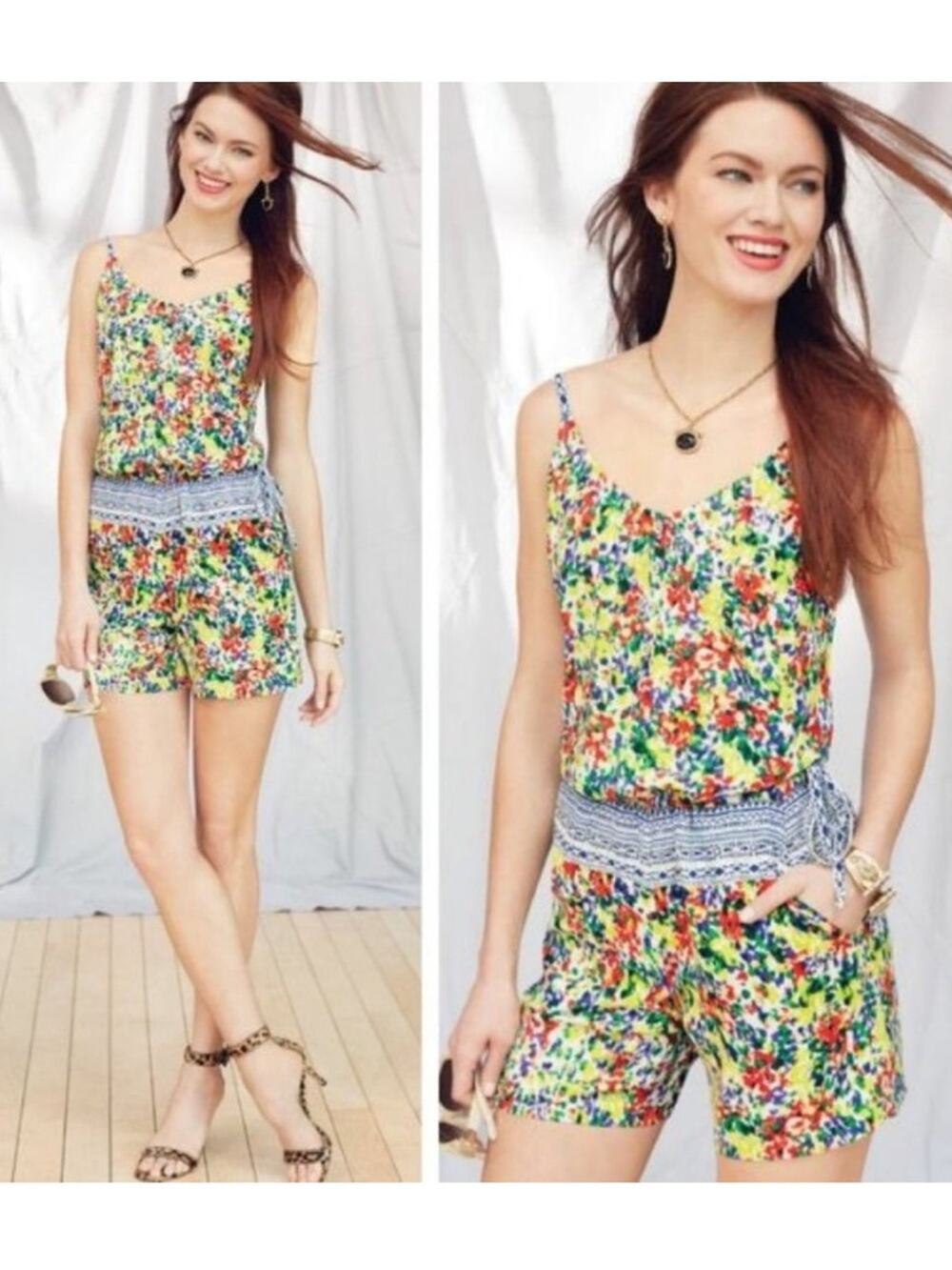 Cabi Devon Floral Fiesta Romper 5261 Boho Summer Sun Dress Skort Size Small
